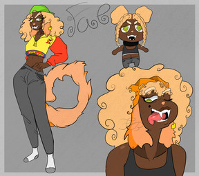 afro anthro bottomwear bra braided_hair chibi claws clothed clothing crop_top curled_tail curly_hair dark_body dark_skin denim denim_bottomwear denim_clothing ear_piercing ear_ring female floppy_ears footwear fur hair hat headgear headwear jeans licking long_tail looking_at_viewer midriff navel open_mouth pants piercing ring_piercing sharp_teeth shirt simple_background slim smile smug socks solo sports_bra tail teeth tomboy tongue tongue_out topwear underwear frenchybaguette bandai_namco pac-man_(series) canid canine canis domestic_dog mammal absurd_res hi_res