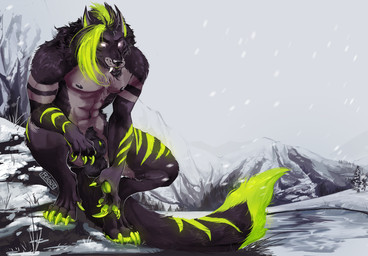 abs animal_genitalia anthro black_body black_fur crouching detailed_background empty_eyes facial_hair fangs fully_sheathed fur genitals glowing glowing_eyes glowing_markings goatee green_body green_fur green_penis grey_body grey_fur male male_anthro markings muscular muscular_anthro muscular_male nipples nude nude_anthro nude_male outside pecs penis sheath snow snowing solo striped_body striped_fur stripes tail teeth i-psilone mythology frequency_(frequent) canid canine mammal mythological_canine mythological_creature werecanid werecanine werecreature werewolf 2021 hi_res