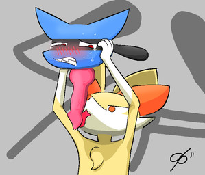 3_fingers ambiguous_gender animal_genitalia animal_penis blush bodily_fluids canine_genitalia canine_penis chest_tuft crying detachable detachable_head dickneck dominant dominant_ambiguous duo fingers forced fur genital_fluids genitals gloves_(marking) grey_background headless holding_character holding_head inner_ear_fluff knot leaking_precum licking male male/ambiguous markings oral penile penis penis_lick precum red_eyes semi-anthro sex sharp_teeth simple_background sweat tears teeth tongue tongue_out tuft unusual_anatomy white_arms wince yellow_body yellow_fur daleport996 nintendo pokemon braixen fennekin generation_4_pokemon generation_6_pokemon hybrid hybrid_pokemon lucario pokemon_(species) 2023 cel_shading shaded signature