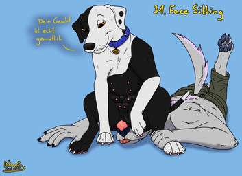 anatomically_correct animal_genitalia animal_vulva anthro anthro_on_feral bestiality black_body black_fur black_nose blue_nose bottomwear canine_genitalia canine_vulva clothed clothing collar dominant dominant_female dominant_feral duo facesitting feet female female_feral female_on_anthro feral floppy_ears foot_grab fur genitals grey_body grey_fur humanoid_hands intraspecies intraspecies_bestiality long_fur lying male male/female male_anthro male_on_feral multi_nipple navel nipples on_front orange_eyes pants pawpads paws pink_body pink_fur pink_pawpads pink_vulva raised_paw short_fur sitting sitting_on_another spread_legs spreading teats text tongue topless vulva vulva_on_face white_body white_fur kinaj kinktober kinktober_2024 jess_(kinaj) kass_(kass) bird_dog canid canine canis dalmatian domestic_dog hunting_dog hybrid labrador mammal mixed_breed retriever wolfdog 2024 german_text hi_res translated