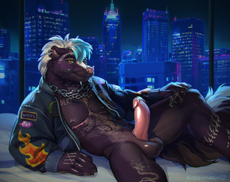 arm_tattoo balls belly_tattoo chest_tattoo city city_background facial_tattoo genitals leg_tattoo male night skunk_tail solo tattoo rosemary02 john_cheever_(vinny_roebuck) mammal mephitid skunk hi_res