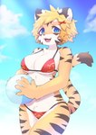 2022 5_fingers anthro bikini blonde_hair blue_eyes breasts brown_body brown_fur claws cleavage clothed clothing digital_media_(artwork) fangs felid female female_anthro finger_claws fingers fuo_(hanadaiteol) fur hair hanadaiteol hi_res holding_object kemono looking_at_viewer mammal multicolored_body multicolored_fur multicolored_tail open_mouth pantherine portrait short_hair solo swimwear tail teeth three-quarter_portrait tiger tongue two-piece_swimsuit white_body white_fur yellow_body yellow_fur