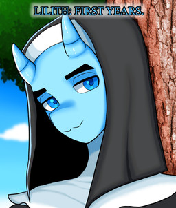 2_horns anthro blue_body blue_eyes clothing female horn looking_at_viewer nun nun_habit nun_veil plant religious_clothing solo tree augmentedleaves lilith_(augmentedleaves) bicorn equid equine mammal absurd_res cover_art hi_res