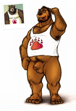 anthro balls brown_body brown_fur clothing eyewear flaccid foreskin fur genitals glasses humanoid_genitalia humanoid_penis male musclegut muscular overweight overweight_male partially_retracted_foreskin penis shirt simple_background solo tongue tongue_out topwear white_background de2w bear mammal 2015