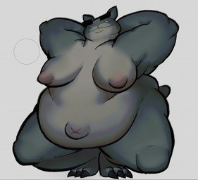 anthro belly big_belly big_breasts breasts crouching eyebrows female kneeling kneeling_on_ground navel overweight presenting solo thick_eyebrows youtubepoopbirthday mewgenics guillotina_(mewgenics) domestic_cat felid feline felis mammal