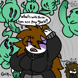 anthro balls bodily_fluids breasts brown_hair clothing cockslap eyes_closed female genitals green_body grey_background hair hoodie long_hair penis penis_squeeze purple_body purple_eyes sharp_teeth simple_background slap surrounded surrounded_by_penises sweat teeth text topwear toni_oni unsureumbra nova_(unsureumbra) origi_(unsureumbra) canid canine fox ghost mammal spirit 1:1 english_text signature