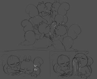anthro big_butt big_penis bodily_fluids butt clothing eyes_closed female genitals group half-closed_eyes kissing licking male male/female narrowed_eyes oral penis saliva saliva_string smile text tongue mamasoyanini humanoid mammal rodent sciurid tree_squirrel comic hi_res monochrome