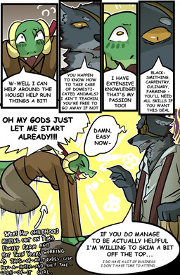 anthro clothed clothing dialogue duo female fur horn male open_mouth prosthetic speech_bubble tail text brradett lernie_(brradett) canid canine canis mammal scalie wolf absurd_res colored comic digital_media_(artwork) english_text hi_res