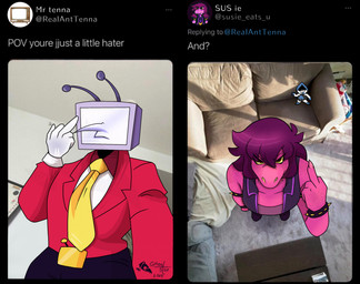accessory anthro belt_buckle buckle clothing duo electronics eyeless fake_screencap female female_anthro first_person_view for_a_head gesture golden_belt_buckle hair hand_gesture logo looking_at_viewer low-angle_view male male/female male_humanoid middle_finger necktie photo_background purple_body purple_hair purple_scales red_clothing red_suit scales screen screen_face suit suit_and_tie television text toony viewed_from_above yellow_necktie yellow_sclera ghostar656 deltarune toby_fox_(copyright) undertale_(series) youre_just_a_little_hater lancer_(deltarune) susie_(deltarune) tenna_(deltarune) humanoid lizard object_head reptile scalie screen_head tv_head 2025 artist_logo dated draw_over english_text hi_res meme mixed_media photography_(artwork) sequence signature