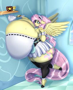 anthro big_breasts biped black_clothing blue_eyes breasts cleaning_tool clothed clothing detailed_background feather_duster feathered_wings feathers female glistening hair huge_breasts hyper hyper_breasts inside legwear maid_uniform pink_hair solo tail thick_thighs thigh_highs uniform wings yellow_body blues64 mr.pink friendship_is_magic hasbro my_little_pony mythology fluttershy_(mlp) equid equine mammal mythological_creature mythological_equine pegasus absurd_res hi_res