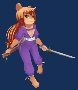 anthro areola barefoot biped brown_body brown_eyes brown_hair closed_smile clothed clothing cosplay countershade_face countershade_torso countershading eyebrows feet female flat_chested freckled_face freckles front_view hair holding_melee_weapon holding_object holding_sword holding_weapon long_hair melee_weapon mouth_closed nipples partially_clothed purple_clothing smile solo standing sword tan_body tan_countershading weapon young young_anthro young_female b-ern rocketgirl mammal rodent sciurid tree_squirrel 2025 alpha_channel character_request hi_res