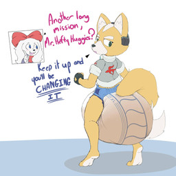 anthro big_diaper clothed clothing diaper duo feces female huge_diaper looking_back male rear_view soiled soiled_diaper soiling text unclean_diaper used_diaper wearing_diaper chocomintshake abena nintendo star_fox fay_(star_fox) fox_mccloud canid canine canis domestic_dog fox mammal 1:1 2019 english_text hi_res