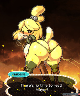 anthro armor bent_over big_breasts big_butt blush boots breasts butt butt_focus clothing curvy_figure dialogue female footwear gun header header_box hellfire high_heeled_boots high_heels huge_breasts huge_butt legwear looking_at_viewer looking_back one_eye_closed panties presenting presenting_hindquarters ranged_weapon shoes shotgun side_boob solo tail text text_header thick_thighs thigh_boots thigh_highs thong underwear voluptuous weapon wedgie lollipopcon animal_crossing doom_(series) id_software microsoft nintendo isabelle_(animal_crossing) canid canine canis domestic_dog mammal shih_tzu toy_dog absurd_res crossover english_text hi_res