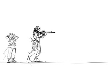 aiming aiming_gun aiming_rifle aiming_weapon anthro clothing covering covering_ears duo female gun holding_gun holding_object holding_ranged_weapon holding_rifle holding_weapon knee_pads military_helmet military_uniform plugging_ears ranged_weapon rifle solo uniform weapon hladilnik peggy_patterson samantha_thott canid canine canis domestic_dog fox mammal 2025 comic hi_res monochrome sketch