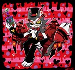 anthro bottle clothed clothing container dripping_heart feathered_wings feathers hat headgear headwear male poison solo suspenders tail teeth wings yellow_teeth chico hazbin_hotel husk_(hazbin_hotel) demon domestic_cat felid feline felis mammal absurd_res hi_res