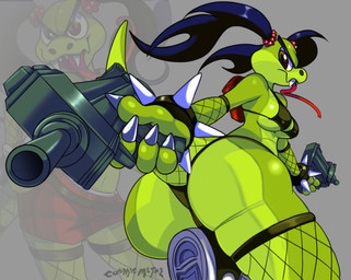 alternative_fashion anthro big_butt black_hair bra breasts butt claws clothing female fishnet_clothing forked_tongue green_body gun hair medium_breasts non-mammal_breasts panties punk ranged_weapon sharp_teeth solo teeth thick_thighs tongue tongue_out twintails_(hairstyle) under_boob underwear weapon wide_hips yellow_eyes cosmicmetal suzie_(undakuva) reptile scalie snake hi_res