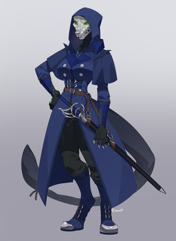abstract_background anthro belt black_bottomwear black_clothing black_pants blue_clothing blue_coat blue_topwear boots bottomwear claws clothed clothing coat female footwear fully_clothed gloves green_eyes green_lens handwear hood mask melee_weapon pants shoes simple_background solo standing sword tail topwear weapon wearing_mask emmyliquid mythology eiris_(saren662) dragon mythological_creature mythological_scalie scalie 2024 absurd_res hi_res