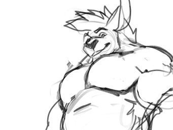 anthro belly big_belly looking_at_viewer male male_anthro musclegut muscular muscular_anthro muscular_male nude overweight overweight_anthro overweight_male pecs simple_background smile solo solaxe_(artist) solaxe kangaroo macropod mammal marsupial 4:3 half-length_portrait hi_res monochrome portrait sketch