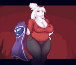 anthro big_breasts breasts chest_tuft cleavage clothed clothing cosplay female fur hair hand_on_hip huge_breasts looking_at_viewer mature_anthro mature_female open_mouth overweight overweight_anthro overweight_female purple_eyes shirt slightly_chubby solo topwear tuft white_body white_fur white_hair dsixzey helltaker undertale undertale_(series) toriel bovid caprine goat mammal hi_res