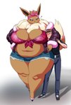 anthro big_breasts biped blush bottomwear breasts brown_body cleavage clothed clothing daisy_dukes denim denim_bottomwear denim_clothing denim_shorts duo eyelashes female female_anthro footwear front_view fur fur_trim_(clothing) heart_symbol high_heels hotpants huge_breasts human_on_anthro interspecies jacket kiss_mark larger_anthro larger_female male male/female neck_tuft overweight overweight_female pokemorph pupils shadow shirt shoes shorts size_difference skimpy smaller_human smile thick_thighs topwear tuft crovirus nintendo pokemon eve_(dragoon-rekka) eevee generation_1_pokemon human mammal pokemon_(species) 2025 absurd_res hi_res