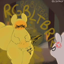>_< ambiguous_gender anthro belly belly_grab blush blush_lines blushing_profusely bodily_fluids duo echo embarrassed eyes_closed fart fart_cloud fart_fetish fupa motion_lines onomatopoeia raised_tail rumbling_stomach slightly_chubby sound_effects sweat sweatdrop tail text thick_tail thick_thighs white_body yellow_body lspagf rain_world videocult monk_(rain_world) survivor_(rain_world) slugcat 1:1 absurd_res hi_res