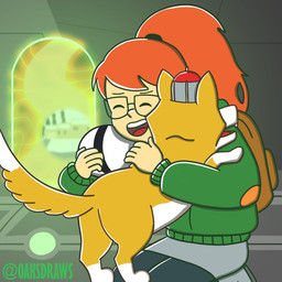5_fingers backpack boots bottomwear clothing crown daww dipstick_tail eyes_closed eyewear fangs female feral fingers footwear fur glasses gloves_(marking) group group_hug hair headgear hoodie hug hugging_another leg_markings light_body light_skin long_hair machine male markings multicolored_tail ponytail portal red_hair shoes skirt socks_(marking) tail tail_markings tan_body tan_fur teeth topwear white_body white_fur oaksdraws cartoon_network infinity_train atticus_(infinity_train) one-one tulip_olsen canid canine canis domestic_dog herding_dog human mammal pastoral_dog robot welsh_corgi 1:1 2021 signature