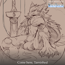 animal_genitalia anthro balls dialogue fully_sheathed genitals male navel paws scar sheath sitting smile solo text minze elden_ring fromsoftware blaidd_(elden_ring) canid canine canis mammal wolf 1:1 absurd_res english_text hi_res