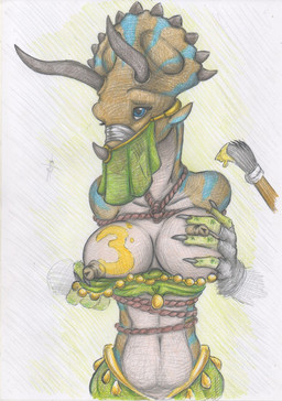 3_horns 5_fingers anthro arms_tied athletic athletic_anthro athletic_female bdsm big_breasts big_nipples blue_eyes blue_stripes bondage bottomwear bound breast_fondling breast_play breasts brown_body brown_scales brush claws clothed clothing disembodied_hand eyelashes face_veil female finger_claws fingers fondling gag gagged gloves hand_on_breast hands_behind_back handwear holding_object horn jewelry logo looking_at_viewer mostly_offscreen_character muffled multi_horn navel nipples paint paintbrush partially_clothed partially_clothed_anthro partially_clothed_female restrained restraints rope rope_bondage rope_harness scales simple_background spikes spikes_(anatomy) striped_body striped_scales stripes submissive submissive_anthro submissive_female tape tape_gag topless spiritalpha tracy_(raphael) ceratopsian ceratopsid chasmosaurine dinosaur marginocephalian ornithischian prehistoric_species reptile scalie triceratops artist_logo colored_pencil_(artwork) graphite_(artwork) hi_res traditional_media_(artwork)