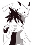 clothing duo feral fingerless_gloves gloves handwear hat headgear headwear male simple_background sakurakazuki nintendo pokemon pokemon_trainer red's_pikachu red_(pokemon) generation_1_pokemon mammal pikachu pokemon_(species) rodent monochrome