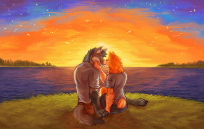 anthro clothing dipstick_tail duo female fur gloves_(marking) male markings outside sky sunset tail tail_markings byowt canid canine canis domestic_dog mammal wolf 2018 digital_media_(artwork)