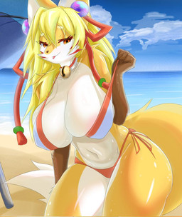 anthro big_breasts bikini bleh blonde_hair blush breasts clothed clothing clothing_pull collar female fluffy fluffy_tail fur hair huge_breasts leaning looking_at_viewer nipples orange_body orange_eyes orange_fur small_waist smile smug solo swimwear tail thick_thighs tongue tongue_out topwear two-piece_swimsuit underwear underwear_pull white_body wide_hips aleak_r conditional_dnp komali_(faroula) canid canine fox mammal 2023 digital_media_(artwork)