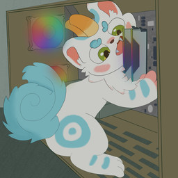 ambiguous_gender bite biting_object blue_markings blue_tail blush computer curved_tail electronics face_squish fangs feral fluffy fluffy_tail fur horn markings motherboard multicolored_body multicolored_fur open_mouth rgb_lighting round_ears solo squish tail teeth two_tone_body two_tone_fur two_tone_pupils white_body white_fur theyumeneko fabulous_beasts mythology tianlu_(fabulous_beasts) mythological_creature pixiu 1:1 2026 absurd_res digital_drawing_(artwork) digital_media_(artwork) hi_res