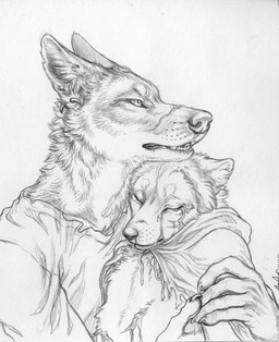 anthro bodily_fluids claws cloak clothing duo ear_piercing eyes_closed facial_scar finger_claws fur hug inner_ear_fluff male male/male piercing pointy_ears prick_ears romantic romantic_couple scar shirt simple_background tears teeth topwear tuft whisker_spots white_background rukis off_the_beaten_path red_lantern_universe puquanah ransom arctic_fox canid canine canis coyote fox mammal true_fox hi_res monochrome signature traditional_media_(artwork)