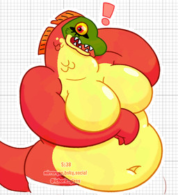 anthro belly belly_overhang big_belly big_breasts breasts featureless_breasts female geometric_background grid_background hand_behind_head looking_at_viewer navel non-mammal_breasts non-mammal_navel open_mouth overweight overweight_anthro overweight_female pattern_background red_body scales sharp_teeth simple_background slightly_chubby solo surprised teeth yellow_sclera ichoric_glass olympia_(titanogoro) aquatic fish salmon salmonid_(fish) hi_res shaded simple_shading watermark
