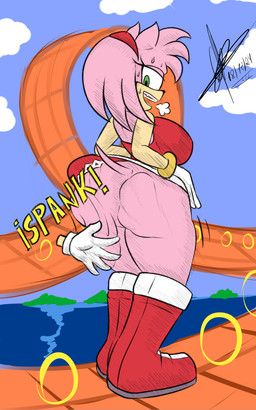 accessory ambiguous_gender anthro big_breasts big_butt bodily_fluids boots bracelet breasts breath butt butt_slap clothed clothing dress duo female footwear gloves gold_(metal) gold_bracelet gold_jewelry green_eyes hair_accessory hairband handwear hedge jewelry no_underwear panting pink_body plant ring_(sonic) shoes shrub slap spanked_butt spanking sweat tail sixpathoffriendship sega sonic_the_hedgehog_(series) amy_rose eulipotyphlan hedgehog mammal 5:8 absurd_res hi_res