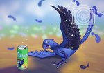 after_transformation ambiguous_gender avian_feet beak beverage beverage_can blue_body blue_feathers blurred_background bodily_fluids canned_drink feathers feral implied_transformation solo sweat sweatdrop tail tail_feathers wings makiboxphoto avian bird parrot hi_res watermark