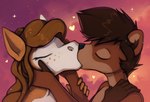 5_fingers anthro brown_hair detailed_background duo eyes_closed female fingers hair hand_on_shoulder heart_symbol kissing male male/female romantic marsminer daisy_(marsminer) keith_(marsminer) equid equine horse mammal mustelid otter 2023