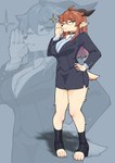 anthro bottomwear clothing eyewear female glasses horn larger_female looking_at_viewer miniskirt office_lady size_difference skirt snout solo suit hashimoto386 bovid caprine goat mammal absurd_res hi_res