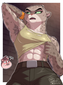 abs anthro armpit_hair biceps blush blush_lines bodily_fluids body_hair bottomwear breasts clothed clothing clothing_lift dialogue duo ear_piercing ear_ring eyelashes facial_piercing female fur glistening_abs grey_body grey_fur hair half-closed_eyes hand_behind_head long_eyelashes markings muscular muscular_anthro muscular_female narrowed_eyes nose_piercing nose_ring pants piercing ring_piercing septum_piercing septum_ring shirt simple_background spots spotted_arms spotted_body spotted_face spotted_fur spotted_shoulders standing sweat sweatdrop sweaty_abs tank_top tank_top_lift text topwear meircmei dreamworks the_bad_guys kitty_kat_(the_bad_guys) pigtail_(the_bad_guys) felid mammal pantherine snow_leopard suid suine sus_(pig) wild_boar 3:4 absurd_res digital_media_(artwork) english_text hi_res