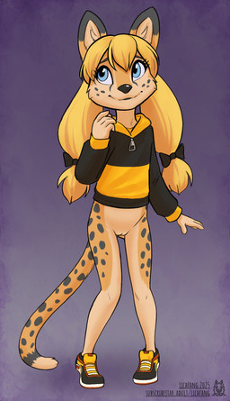 accessory anthro black_clothing black_topwear blonde_hair blue_eyes bottomless bow_ribbon butt butt_from_the_front clothed clothing female fingers footwear freckles fur genitals hair hair_accessory hair_bow hair_ribbon hoodie long_hair low_twintails markings pigeon_toed ribbons shoes sidelocks solo spots spotted_body spotted_fur spotted_markings spotted_tail tail tail_markings topwear twintails_(hairstyle) vulva young young_anthro lichfang hopeless_(joykill) cheetah felid feline mammal 2025 full-length_portrait hi_res portrait