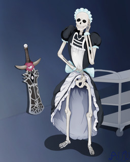 anthro bone bow_ribbon clothed clothing clothing_lift dress dress_lift female food_cart maid_headdress maid_uniform melee_weapon pelvis simple_background skeleton solo standing sword uniform weapon alexandermugetsu level_1_demon_lord ibonne_(level_1_demon_lord) levarius_(level_1_demon_lord) animate_inanimate animated_skeleton living_weapon undead 4:5 absurd_res hi_res