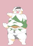 anthro bottomwear clothing eyes_closed eyewear glasses kemono male overweight overweight_male shirt shorts simple_background solo topwear inunoshippo domestic_pig mammal suid suine sus_(pig) 2022 hi_res