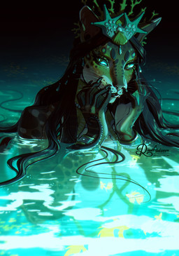 anthro bracelet brown_body brown_fur brown_hair claws crown dark_hair darkness fangs female finger_claws fur gem glowing glowing_eyes green_eyes hair headgear jewelry markings necklace nipple_outline nipples pearl_(gem) pearl_necklace pseudo_hair pupils sea shell slit_pupils solo spots spotted_body spotted_fur teeth tentacle_hair tentacles water wet wet_hair whiskers road~abelgeym aquatic felid feline fish hybrid mammal hi_res portrait