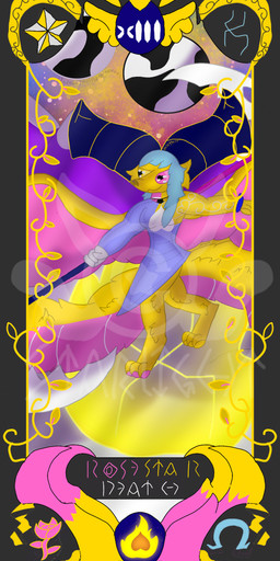 3_tails anthro blue_hair card clothed clothing death_(tarot) fantasy female fur hair heterochromia horn jewelry magic major_arcana melee_weapon multi_tail necklace outline pawpads pendant pink_body pink_eyes pink_scales playing_card polearm purple_horn robe scales scythe solo tail tarot tarot_card text three-quarter_view walking weapon wings yellow_body yellow_eyes yellow_fur yellow_outline starlightrose european_mythology legends_of_nexus mythology rose_star_(starlightrose) draekon dragon furred_dragon furred_scalie mythological_creature mythological_scalie reptile scalie western_dragon character_name english_text hi_res portrait