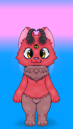 2_horns 3_eyes anthro black_horn blue_background brown_body brown_fur brown_tuft featureless_crotch fur happy horn looking_at_viewer male multi_eye multicolored_body multicolored_fur neck_tuft on_ground pink_background pink_nose red_body red_ears red_fur simple_background solo standing tuft two_tone_body two_tone_fur yellow_eyes nekoni nekoni_(character) cat_demon domestic_cat felid feline felis mammal 2023 9:16 digital_media_(artwork) hi_res