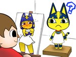 blush blush_lines brown_hair clothed clothing duo easel female hair male painting question_mark yellow_body nakineiriko animal_crossing ankha_zone nintendo ankha_(animal_crossing) villager_(animal_crossing) domestic_cat felid feline felis human mammal 2024 4:3 digital_media_(artwork) hi_res