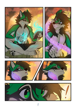 anthro autumn biped black_body black_fur book bottomwear caressing_face clothing disembodied_hand forest fur ghost_hand green_body green_eyes green_fur magic male multicolored_body multicolored_fur plant shorts smile solo tail tan_body tan_fur tree tuft solarflare02 kilobytefox canid canine fox mammal 2026 comic digital_media_(artwork) hi_res