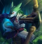 anthro arrow_(weapon) bow_(weapon) clothed clothing foreshortening forest front_view fur green_body green_fur green_sclera green_tail holding_object holding_weapon looking_at_viewer male multicolored_body multicolored_fur orange_eyes plant ranged_weapon red_body red_fur shooting shrub solo tail tree two_tone_tail weapon white_body white_fur white_tail nurinaki yama_(mrllamashark) sergal 2016 digital_media_(artwork) signature