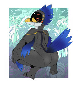 anthro avian_feet beak crouching digital_eyes digitigrade eyebrows facial_markings feathers head_feathers head_markings looking_at_viewer machine male markings pattern_background raised_tail rear_view screen_eyes simple_background solar_panel solo tail tail_feathers visor winged_arms wings unknown_artist nalu_the_synth avian bird corvid jay_(bird) new_world_jay oscine passerine robot steller's_jay synth_(vader-san) absurd_res hi_res