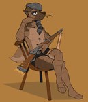 anthro bottomwear chair clothing coonskin_cap furniture gun hat headgear headwear male ranged_weapon rifle shorts simple_background sitting solo weapon mawkvlt canid canine mammal hi_res